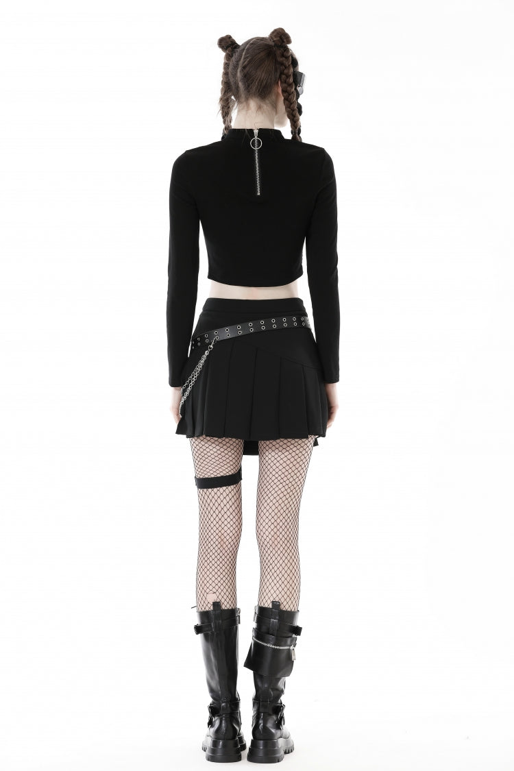 Black Long Sleeves Cut-Out Spliced Mesh Zippered Strappy Eyelet Women's Punk Crop Top - Product - 4