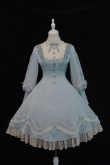Alice Girl Andrea Solid Bowknot Long Sleeves Ruffled Sweet Lolita OP Dress 3 Colors - Blue - 11
