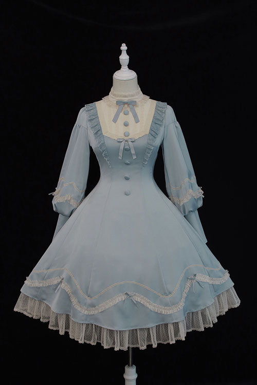 Alice Girl Andrea Solid Bowknot Long Sleeves Ruffled Sweet Lolita OP Dress 3 Colors - Blue - 11