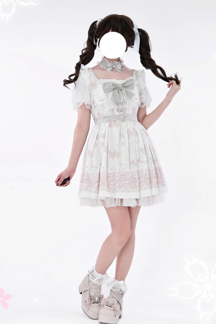 Pink/Green [Teddy Bear Party] Square Collar Short Sleeves Printed Ruffled Bow Lace Sweet Jirai Kei Japanese Dress - Product - 4