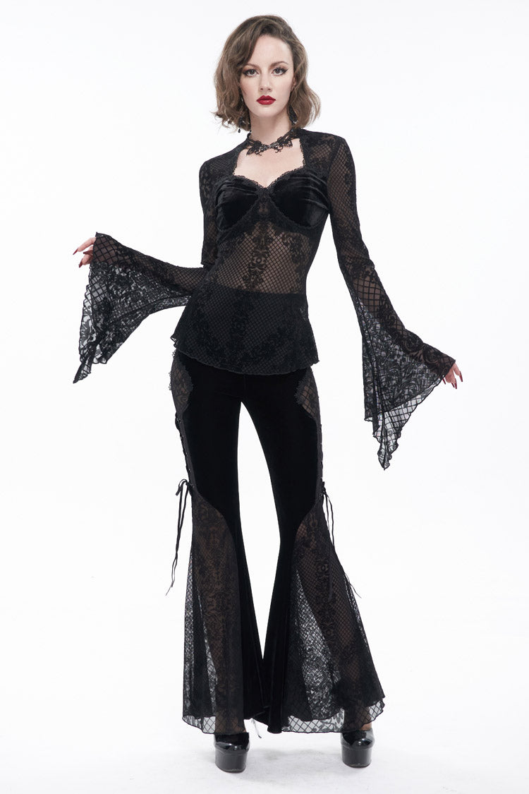 Black Velvet Mesh Splicing Metal Buttons Flared Sleeve Lace Women's Gothic T-Shirt - Product - 5