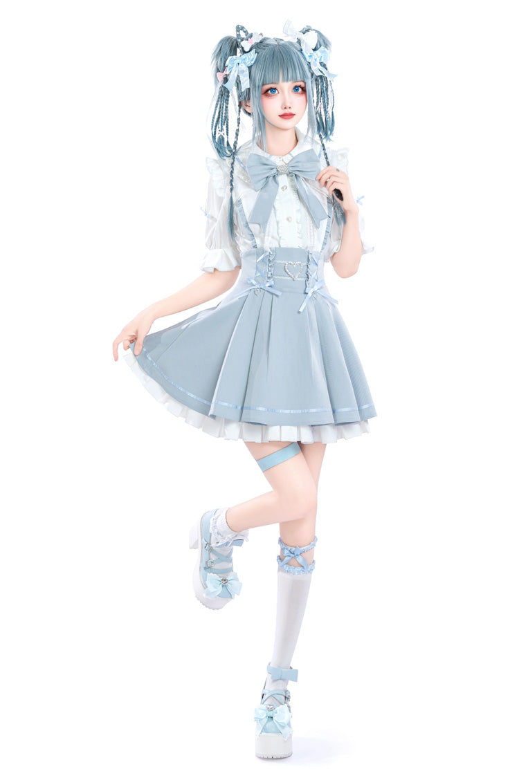 White/Blue Short Sleeves Ruffle Slim Jirai Kei Japanese Skirt Set - White/Blue - 1