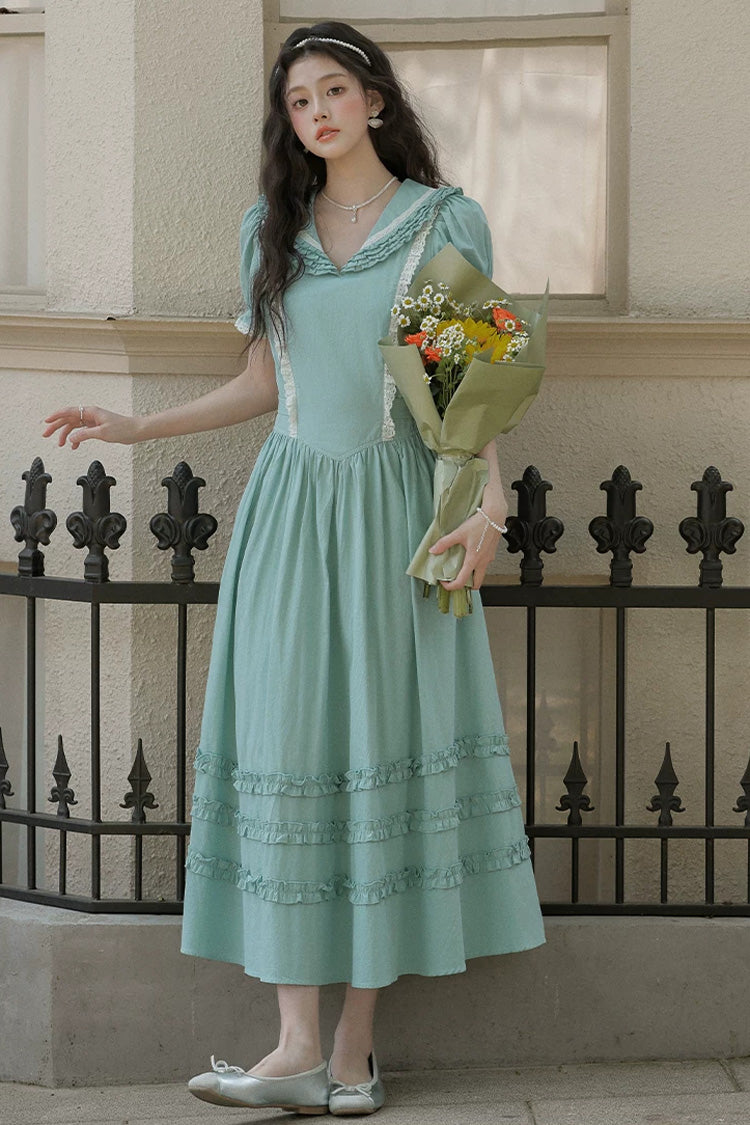 Lake Blue V Collar Short Puff Sleeves Ruffled Lace Sweet College Style Lolita Dress - Lake-Blue - 1
