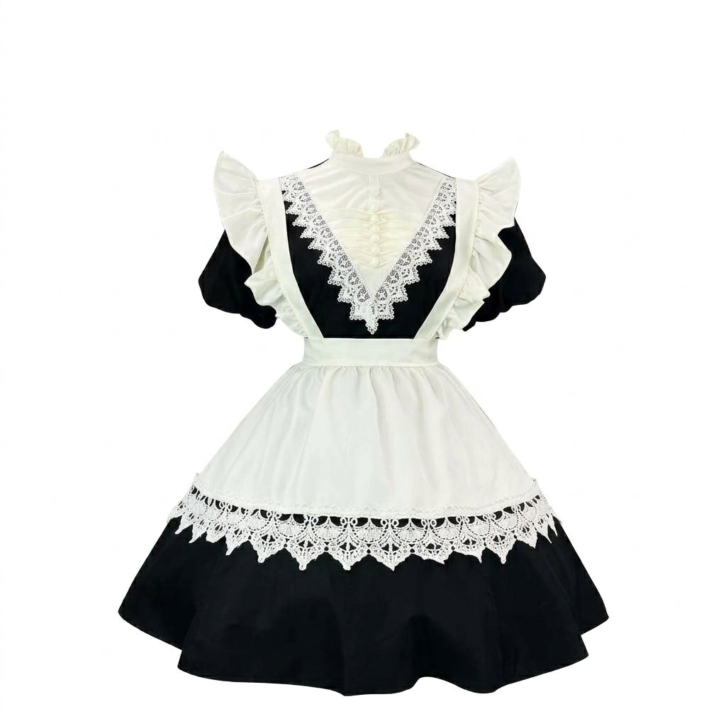 Black and White Plaid Ruffled Maid Lolita Dress with Apron Bow Accent - view 2