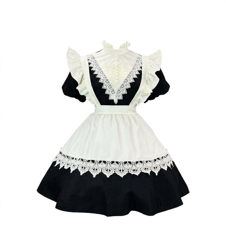 Black and White Plaid Ruffled Maid Lolita Dress with Apron Bow Accent - view 2