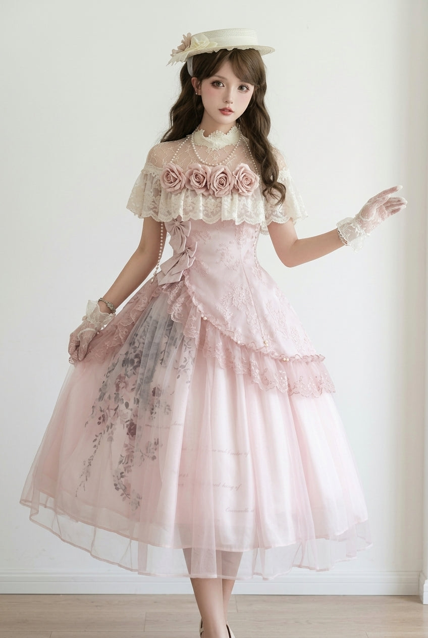 Pink Floral Mesh Lace Ruffled Rose Sweet Princess Vintage (Set) detail view 12