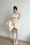 Champagne Beige Corset Layered Ruffled High-Low Large Bow Sweet Princess (Set) front view