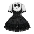 Black and White Striped Ruffled Maid Lolita Dress with Vest Bow Accent