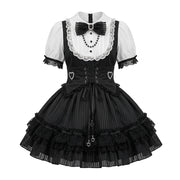 Black and White Striped Ruffled Maid Lolita Dress with Vest Bow Accent