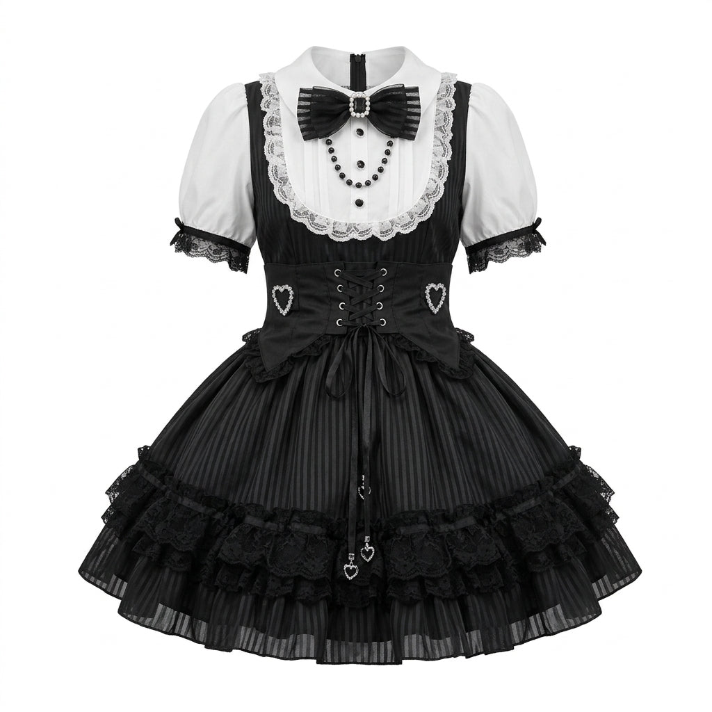 Black and White Striped Ruffled Maid Lolita Dress with Vest Bow Accent