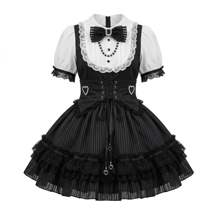 Black and White Striped Ruffled Maid Lolita Dress with Vest Bow Accent