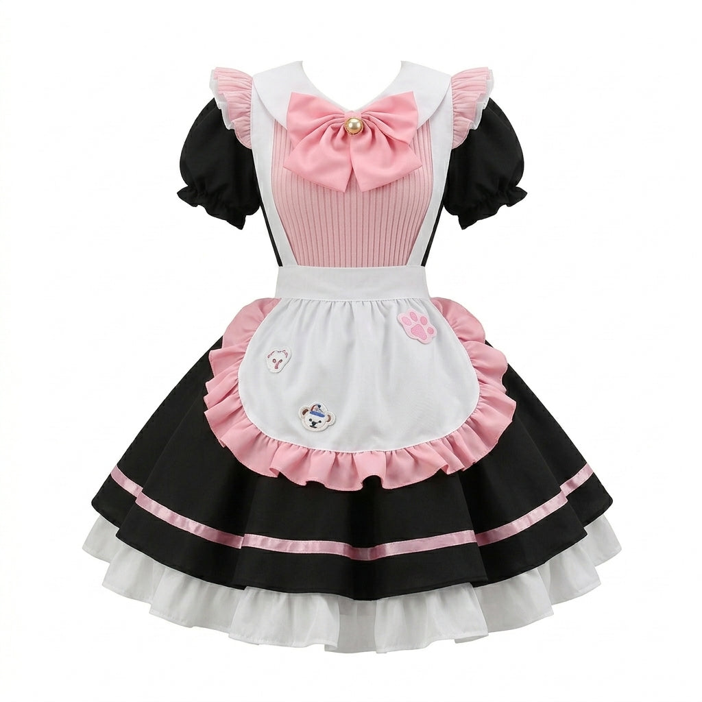 Black and Navy Blue Ruffled Maid Style Dress with Apron Bow Accent
