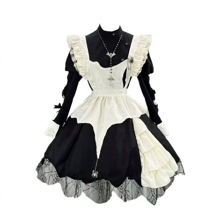 Black and Off-White Gothic Maid Style Dress Set with Apron and Accessories