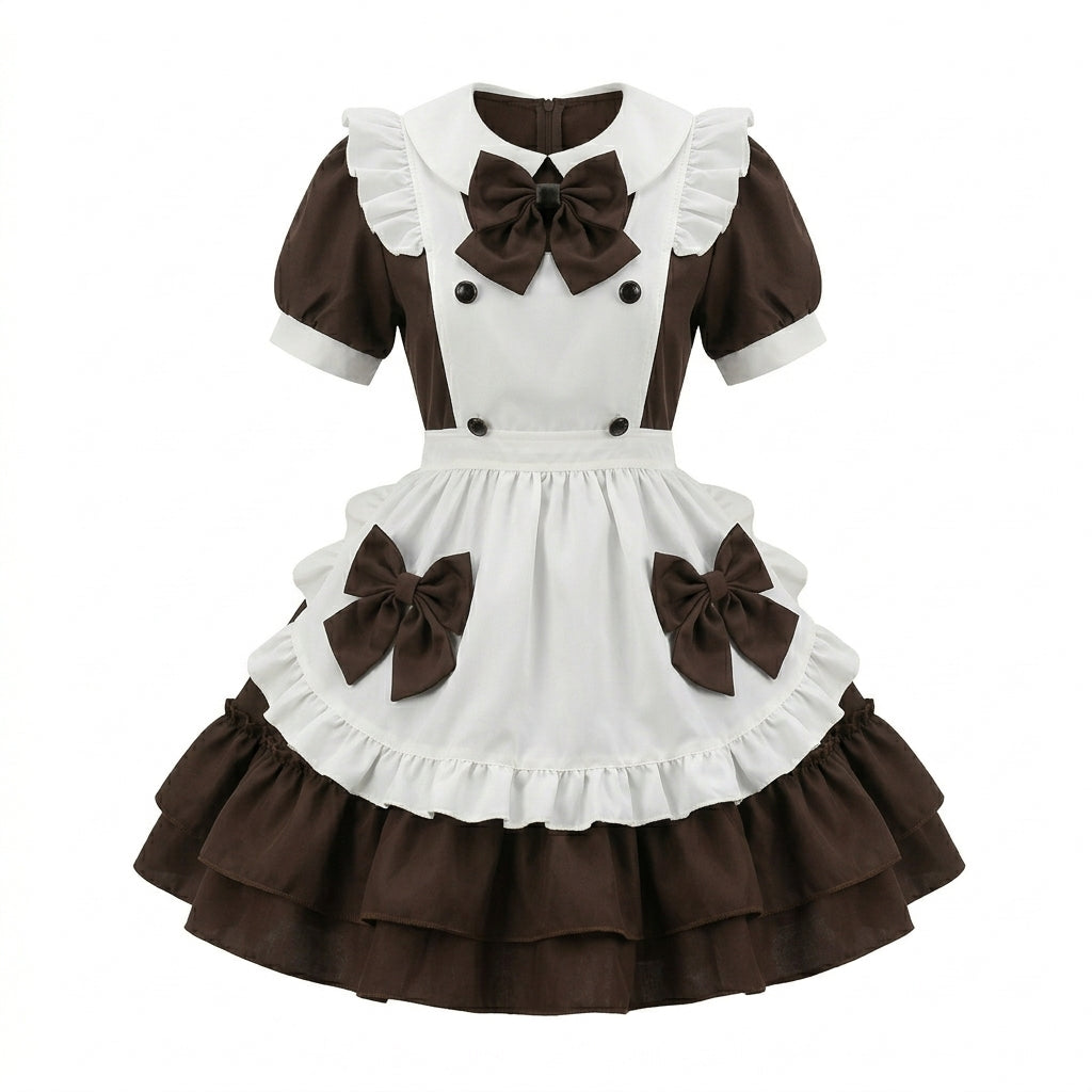 Brown and Pink Ruffled Maid Lolita Dress with Apron Bow Accent - view 6