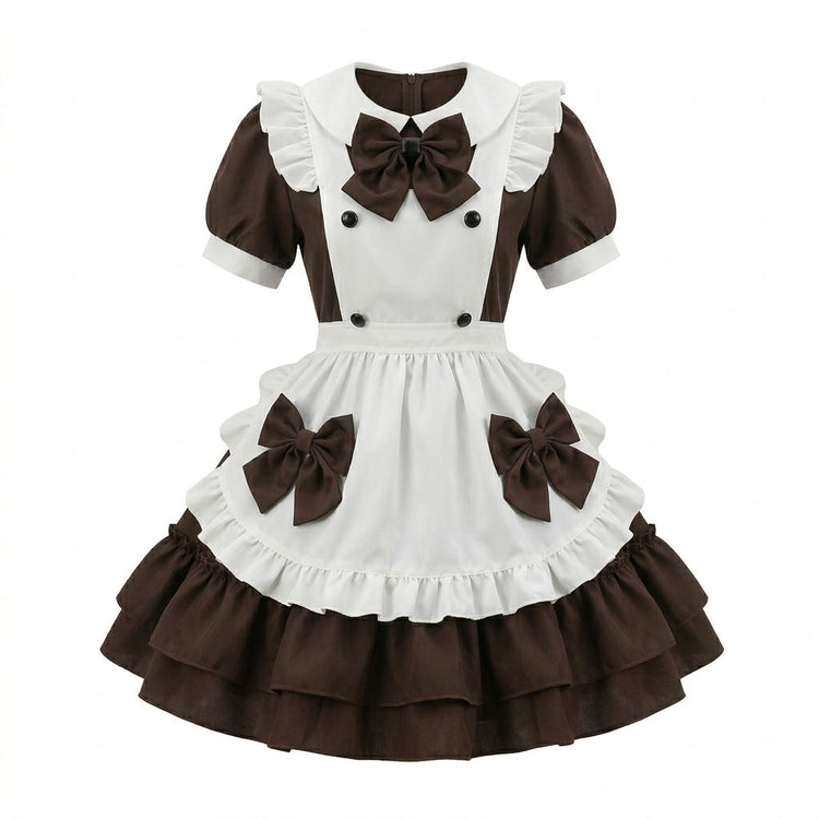 Brown and Pink Ruffled Maid Lolita Dress with Apron Bow Accent - view 6