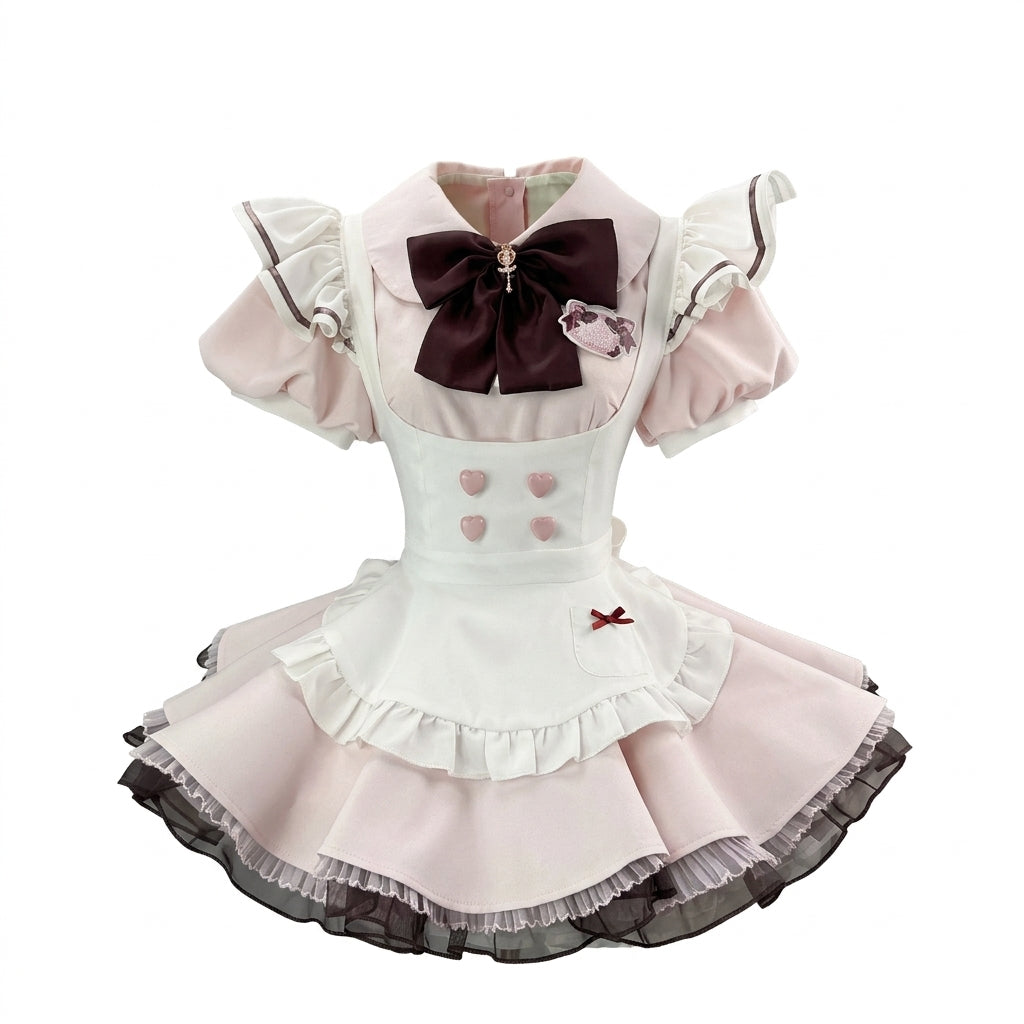 Cute Maid Lolita Dress with Heart Buttons and Bow Charm