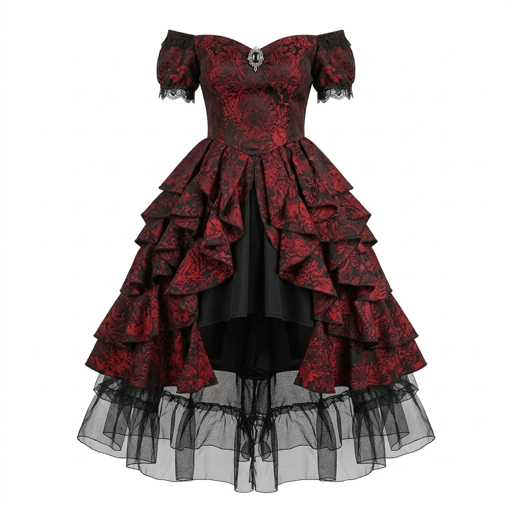 Red and Black Jacquard Ruffled Lolita Dress with Brooch Accent