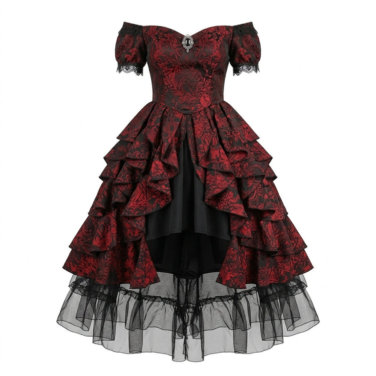 Red and Black Jacquard Ruffled Lolita Dress with Brooch Accent