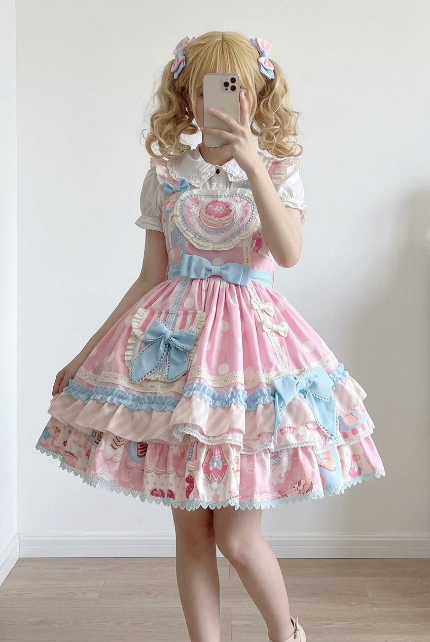 Pink Frosted Sugar Sweetheart Double-Layered Print Ruffle Bowknot Sweet Princess (Dress Only) detail view 5