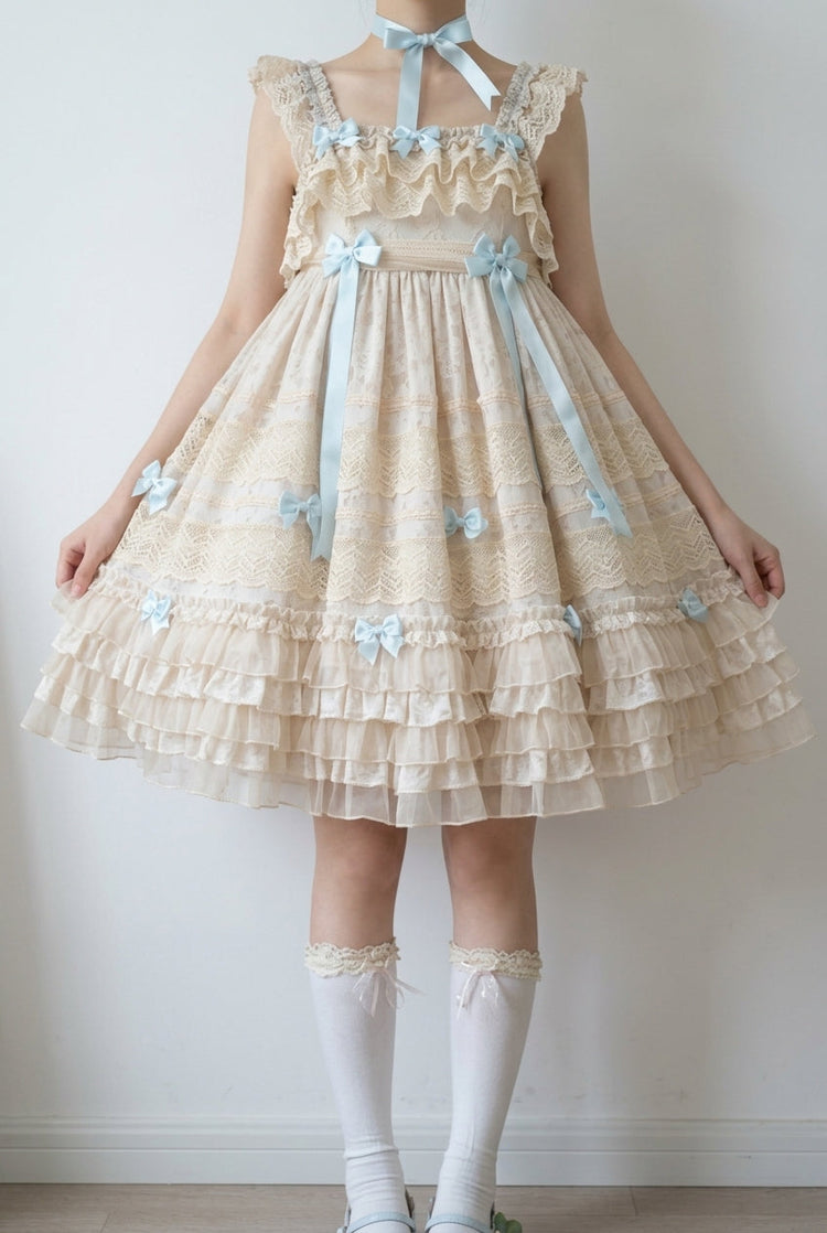 Beiges kleines Windspiel, ärmellos, mehrlagig, bedruckt, Rüschen, Schleife, Spitze, süße, elegante Prinzessin (Kleid einzeln), Detailansicht 10