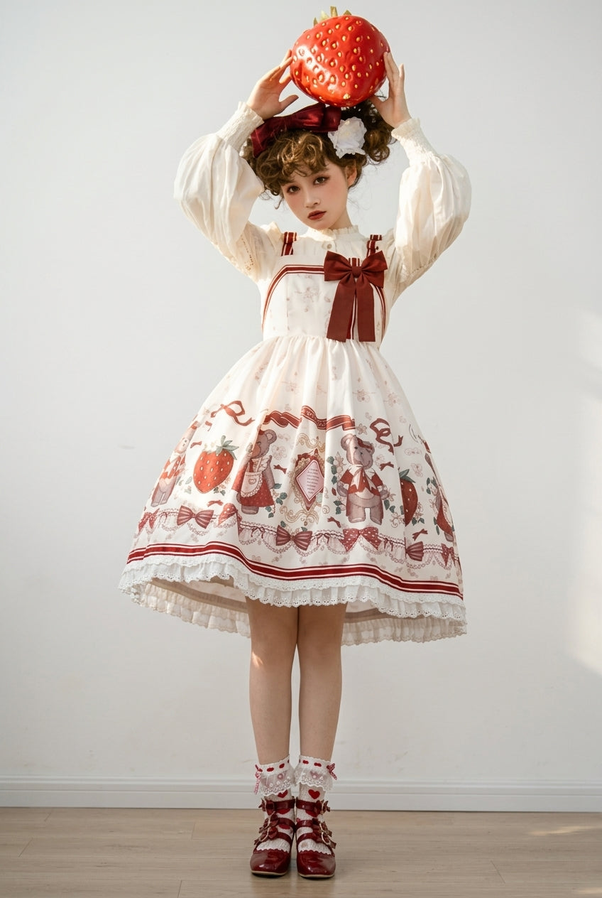 Ivory/Red Strawberry Bear Print Ruffle Bowknot Sweet Princess (Dress Only) detail view 9