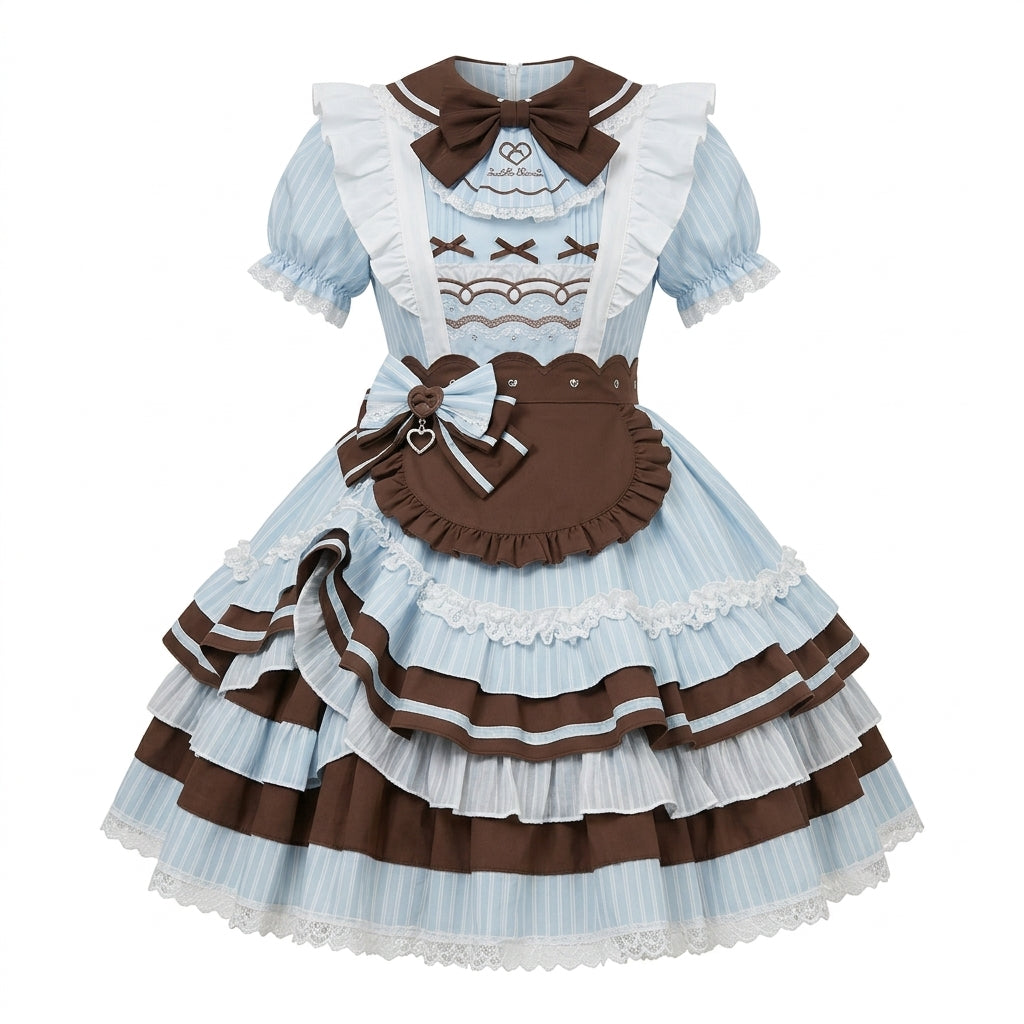 Blue and Brown Ruffled Striped Maid Lolita Dress Set with Apron Accent