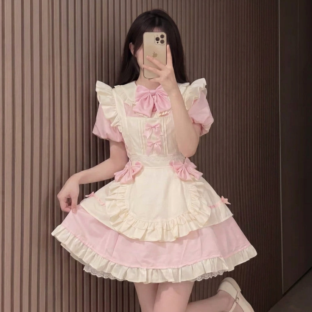 Pink and White Lace Sweet Maid Lolita Dress Set with Heart Bows - view 7