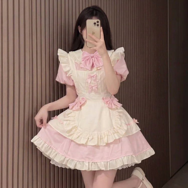 Pink and White Lace Sweet Maid Lolita Dress Set with Heart Bows - view 7