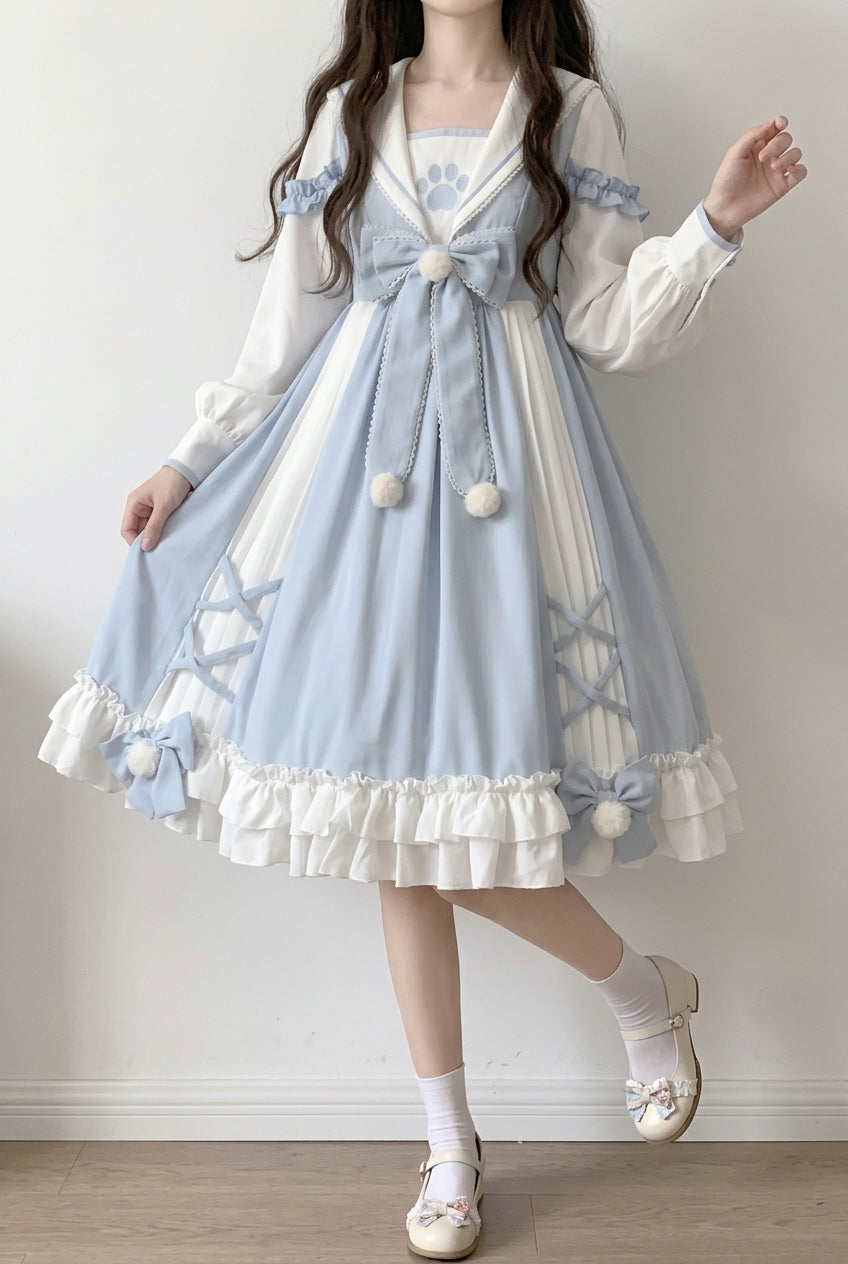 Wit/blauw marineblauw kraag lange mouwen print ruche strik zoete prinses (alleen jurk) vooraanzicht