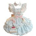 Light Blue and Pink Ruffled Maid Sweet Lolita Dress with Apron Bow Accent