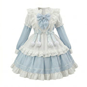 Light Blue and White Ruffled Bunny Maid Lolita Dress with Apron Bow Accent