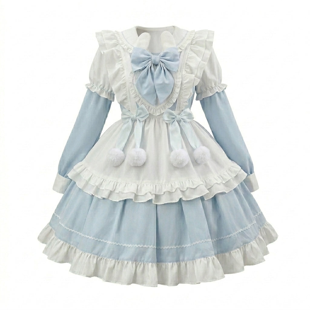 Light Blue and White Ruffled Bunny Maid Lolita Dress with Apron Bow Accent