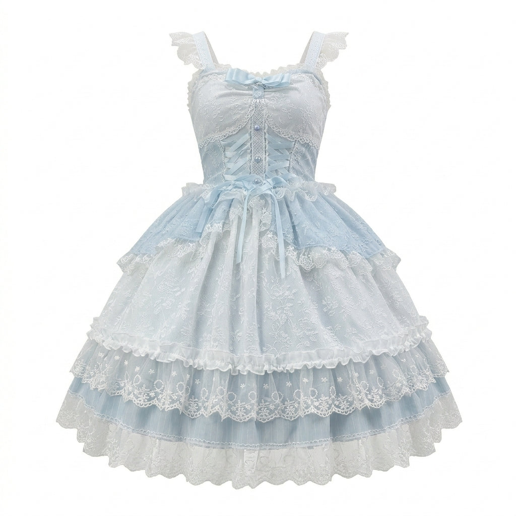 Pink and Light Blue Ruffled Lace Strap Dress with Bow Accent
