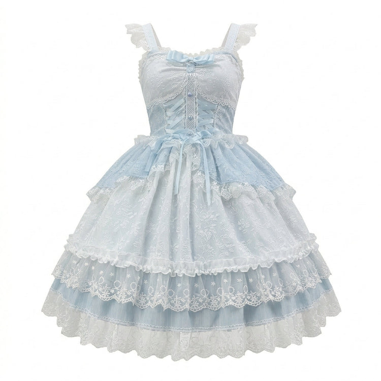 Pink and Light Blue Ruffled Lace Strap Dress with Bow Accent