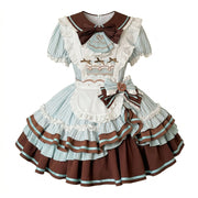 Blue and Brown Ruffled Striped Maid Lolita Dress Set with Apron Bow Accent