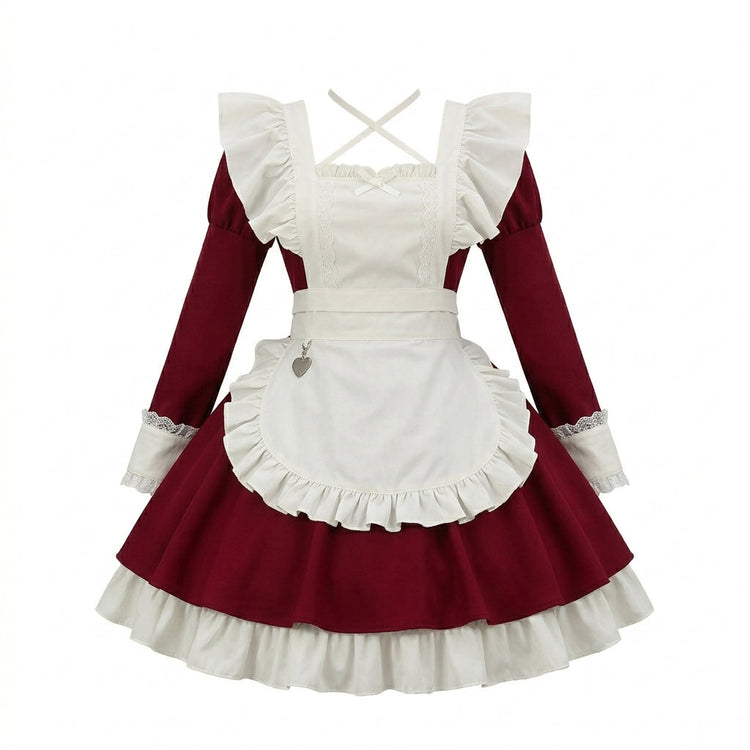 Red and Black Ruffled Maid Lolita Dress with Apron Bow Accent