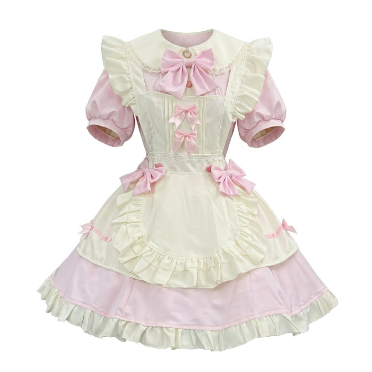 Pink and White Lace Sweet Maid Lolita Dress Set with Heart Bows