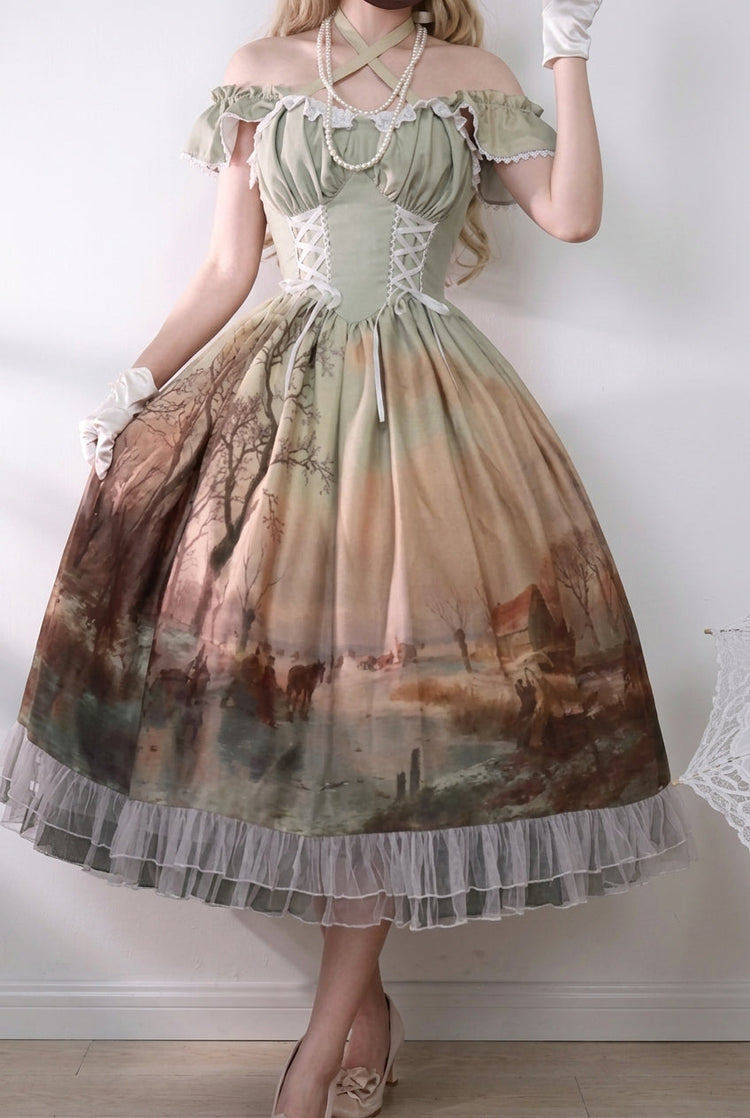 Village Print Ruffle Lace Off Shoulder Elegant Princess Sweet (Dress Only) front view