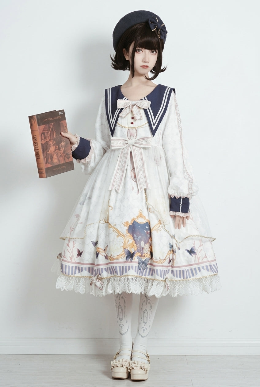 Weißer, marineblauer Kragen, lange Ärmel, Schmetterlingsdruck, Rüschen, Schleife, süße, elegante Prinzessin (Kleid einzeln), Detailansicht 6