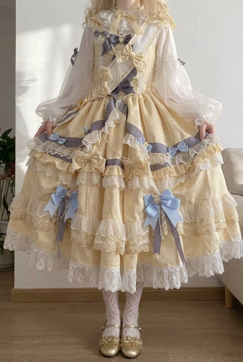 Goud lange mouwen meerlaags ruches strik kant zoete prinses (set) detailweergave 11