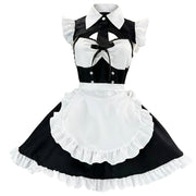 Black and White Ruffled Maid Lolita Dress with Apron Bow Accent