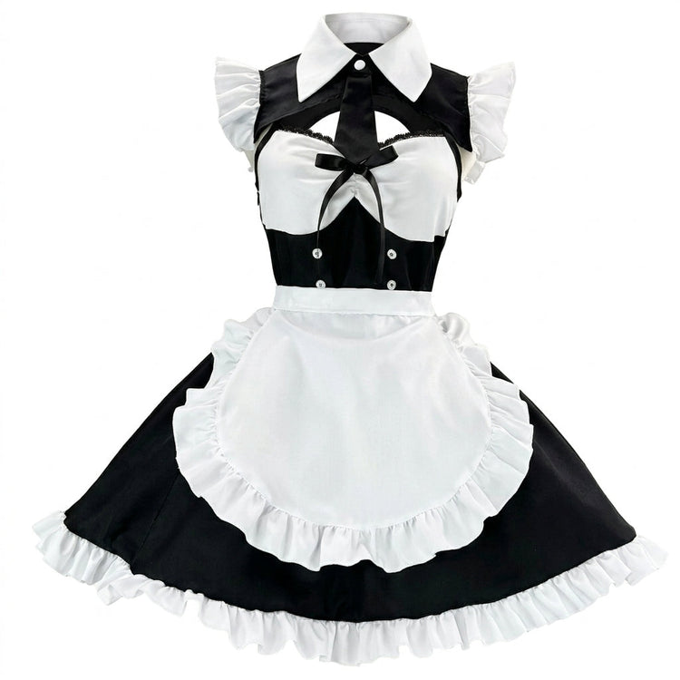 Black and White Ruffled Maid Lolita Dress with Apron Bow Accent