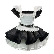 Black and White Striped Ruffled Lolita Dress with Belt Accent - view 11
