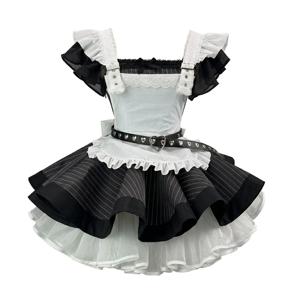 Black and White Striped Ruffled Lolita Dress with Belt Accent 商品画像
