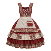 Red and Beige Plaid Ruffled Country Lolita Dress Set with Apron Accent