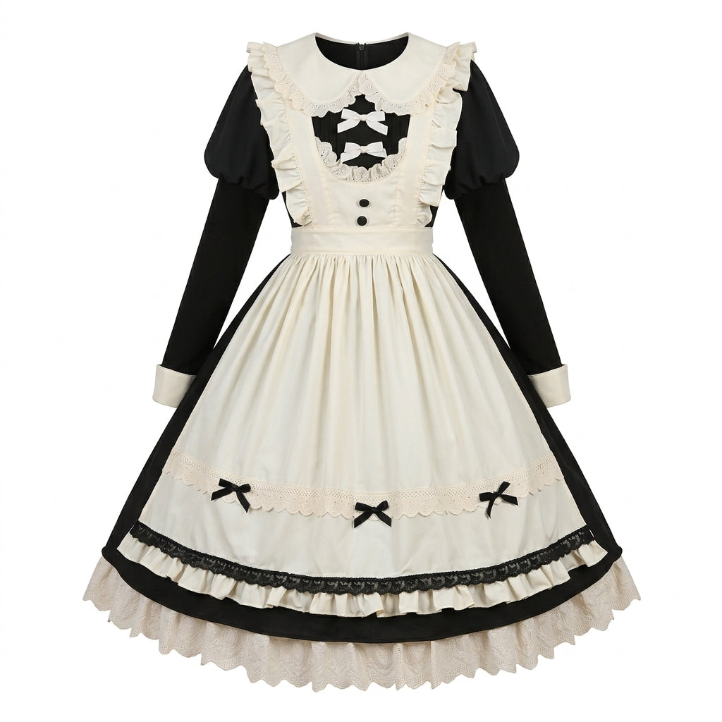 Black and Cream Ruffled Maid Lolita Dress with Apron Bow Accent