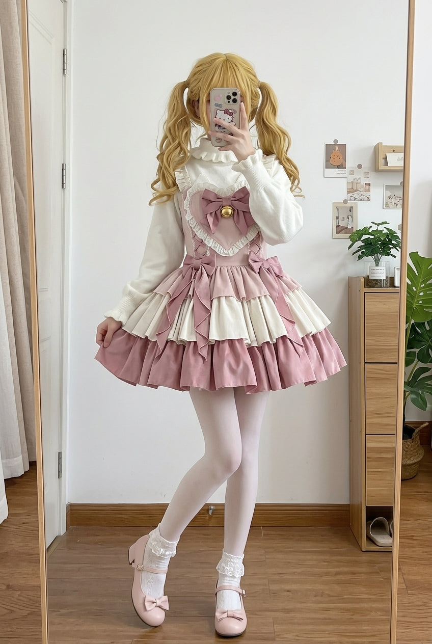 【Gradient】ピンク スイートロリータワンピース｜多層デザイン、フリル、リボン – 記載アイテムのみ 商品画像