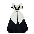 Black and White Plaid Ruffled Maid Lolita Dress with Apron Bow Accent