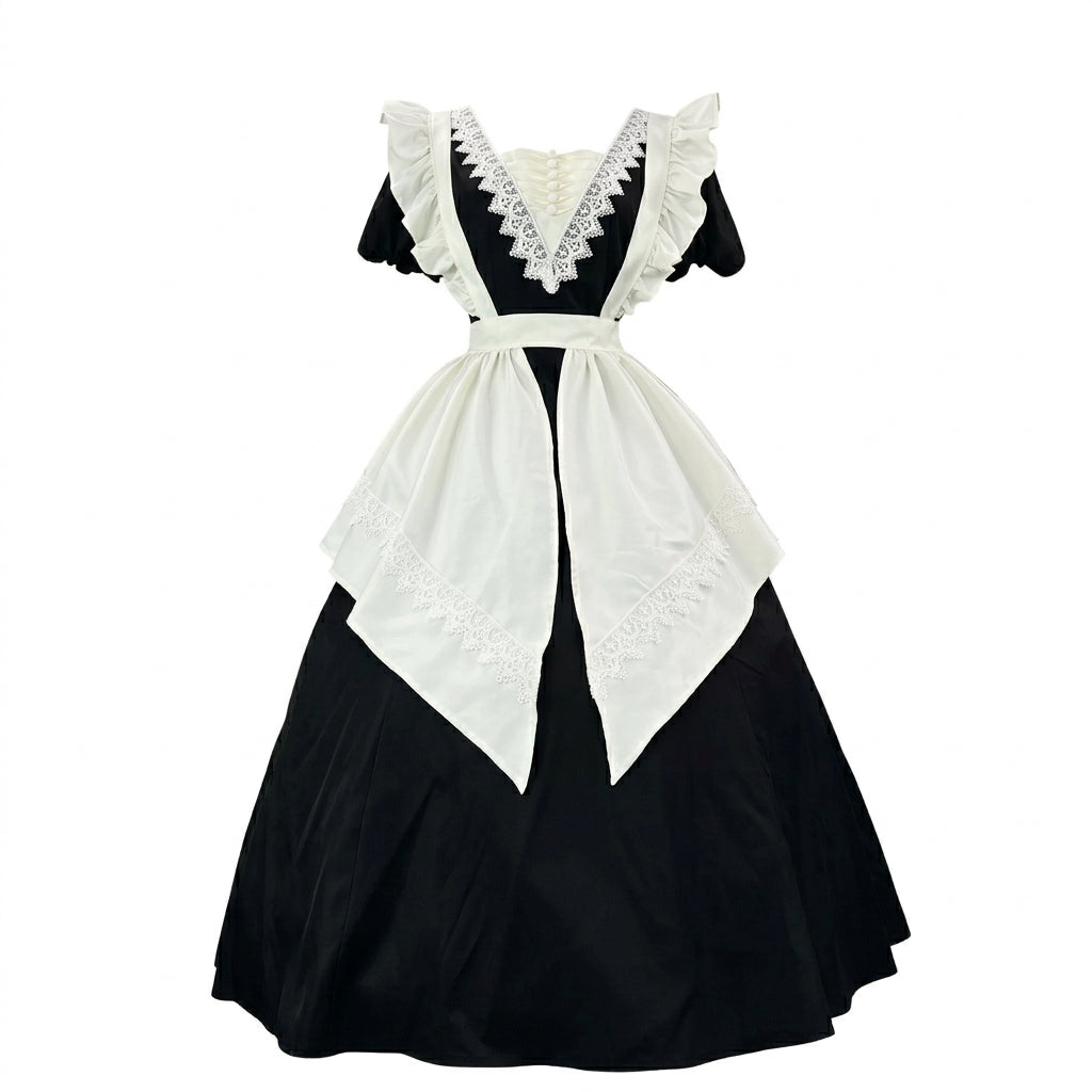 Black and White Plaid Ruffled Maid Lolita Dress with Apron Bow Accent