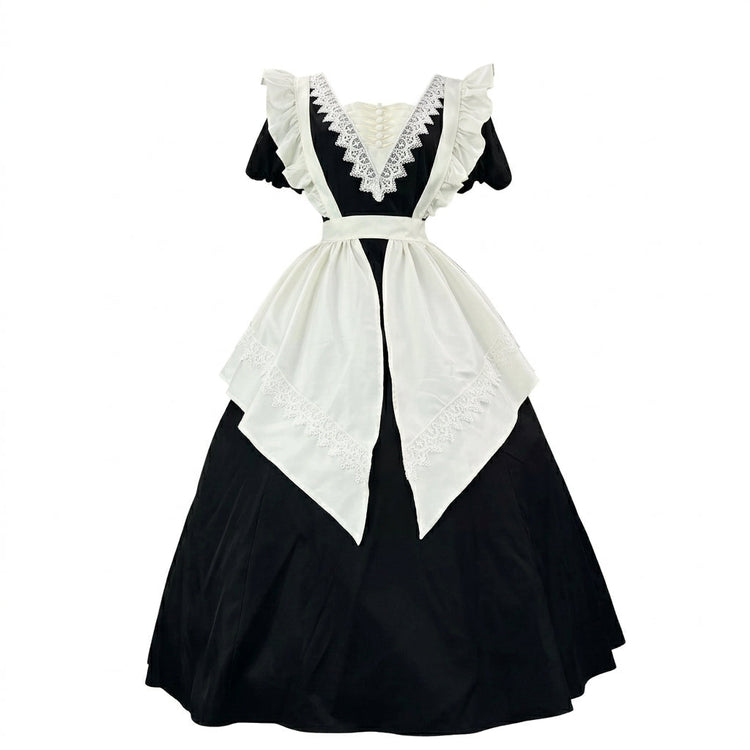 Black and White Plaid Ruffled Maid Lolita Dress with Apron Bow Accent